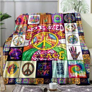 39"l x 28"w Lightweight Throw w Vibrant Psychedelic Peace Signs Floral & Music